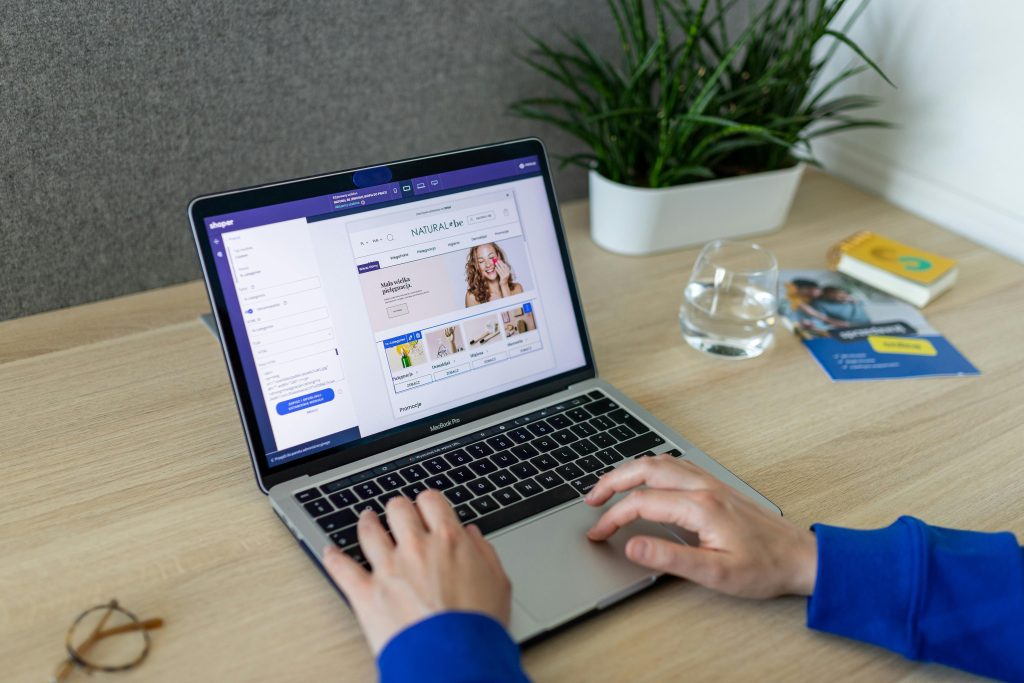 Personne configure une boutique e-commerce sur ordinateur portable, illustration de Wix Stores
