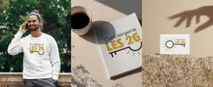 Identité visuelle de la Conciergerie Les 2G déclinée sur un sweat, un carnet et une carte de visite
