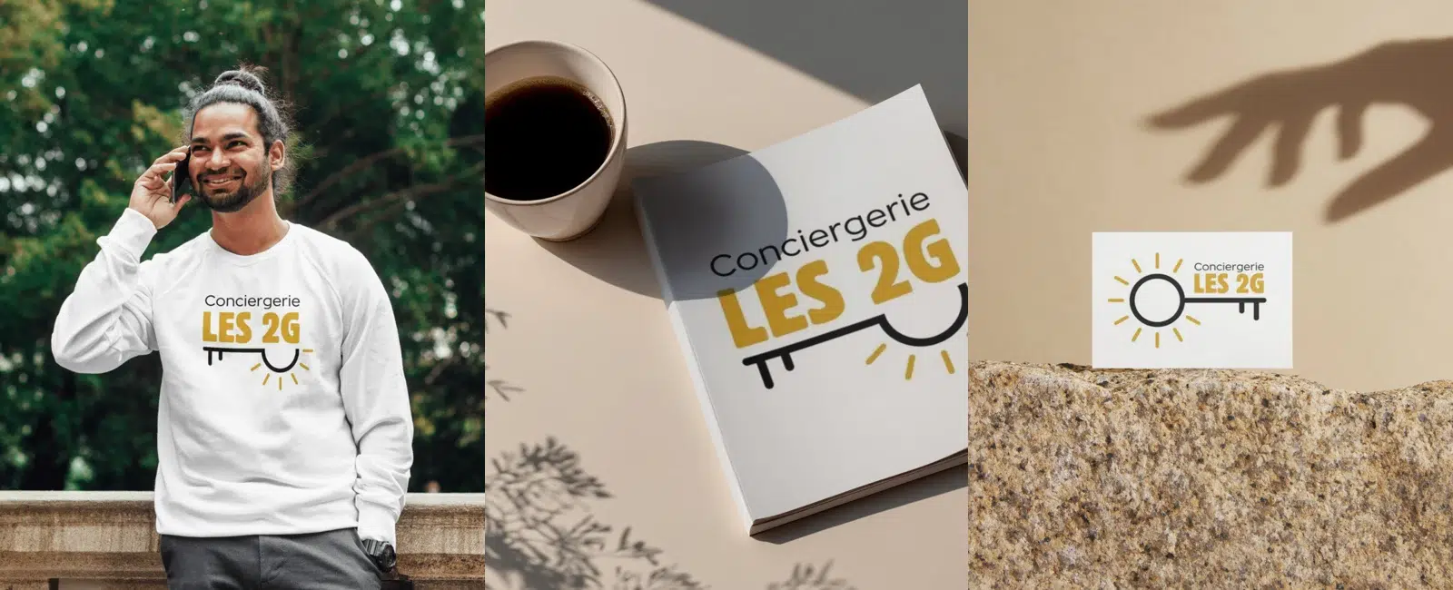 Identité visuelle de la Conciergerie Les 2G déclinée sur un sweat, un carnet et une carte de visite