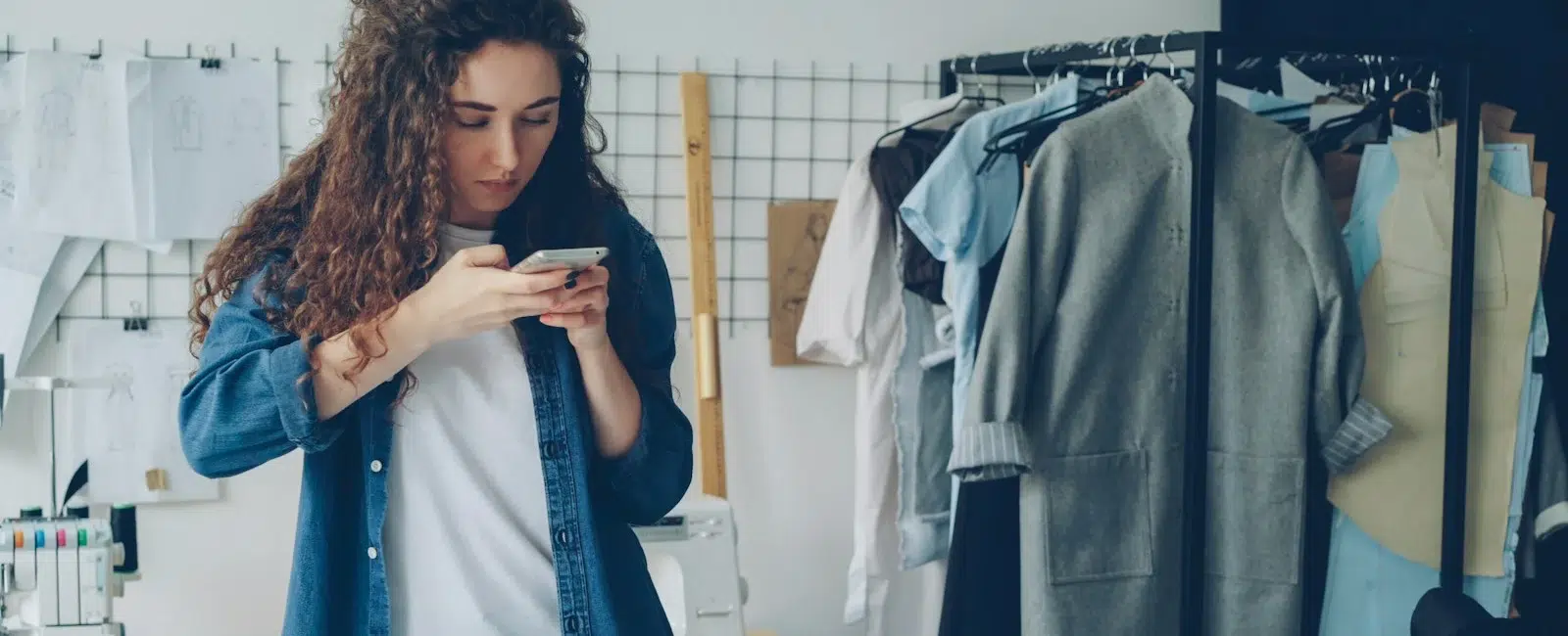 Une créatrice photographie ses vêtements avec son téléphone dans son atelier